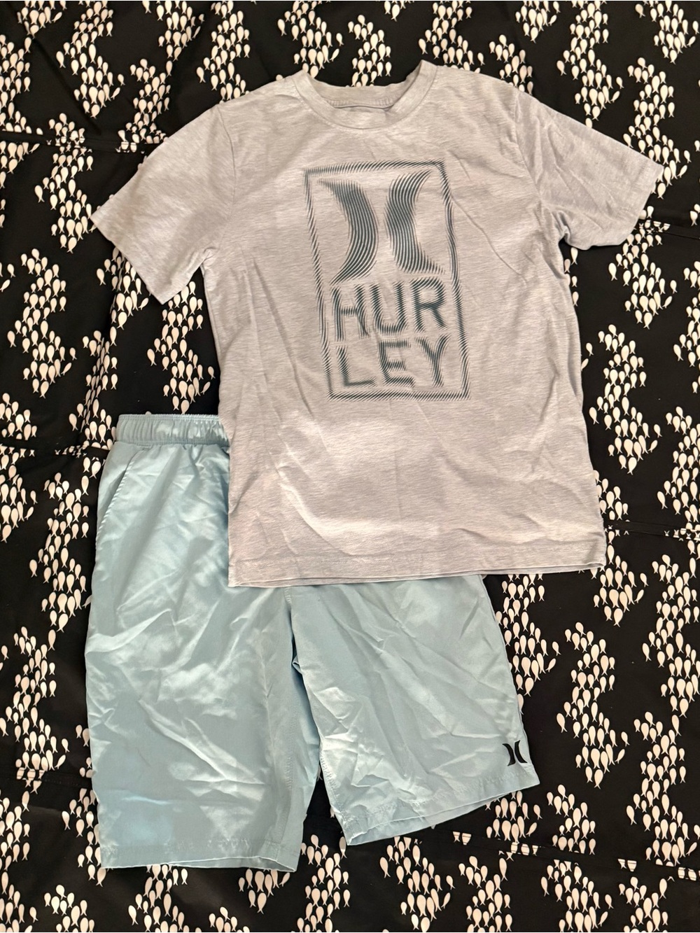 Hurley Heather Gray Logo Tee with Light Blue Swim Shorts